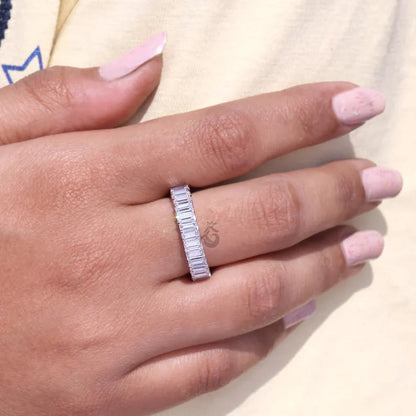 4x2 MM Emerald Cut Moissanite Full Eternity Band, 14K White Gold Stackable Wedding Ring, Anniversary Gift