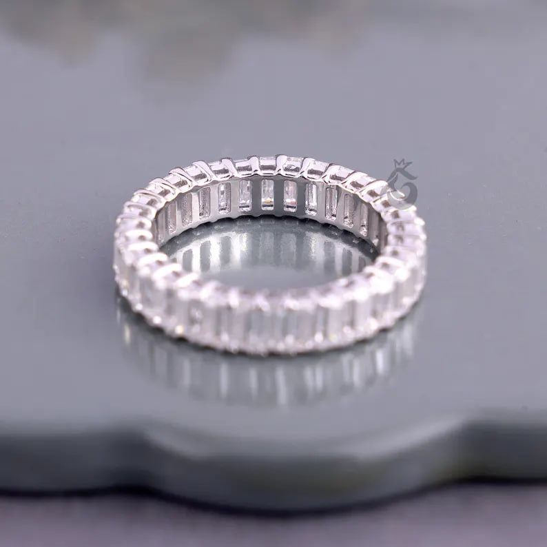 4x2 MM Emerald Cut Moissanite Full Eternity Band, 14K White Gold Stackable Wedding Ring, Anniversary Gift