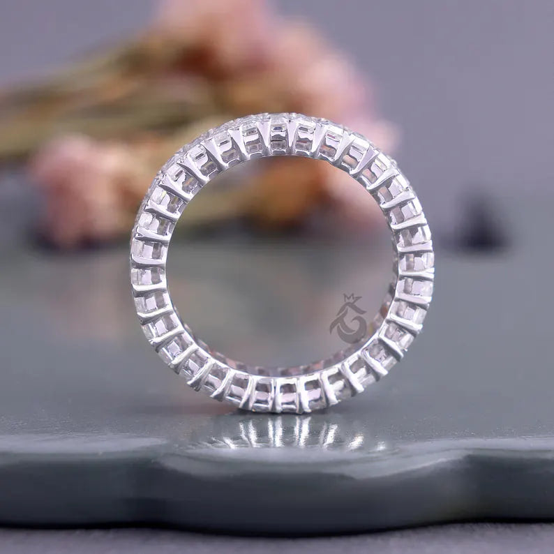 4x2 MM Emerald Cut Moissanite Full Eternity Band, 14K White Gold Stackable Wedding Ring, Anniversary Gift