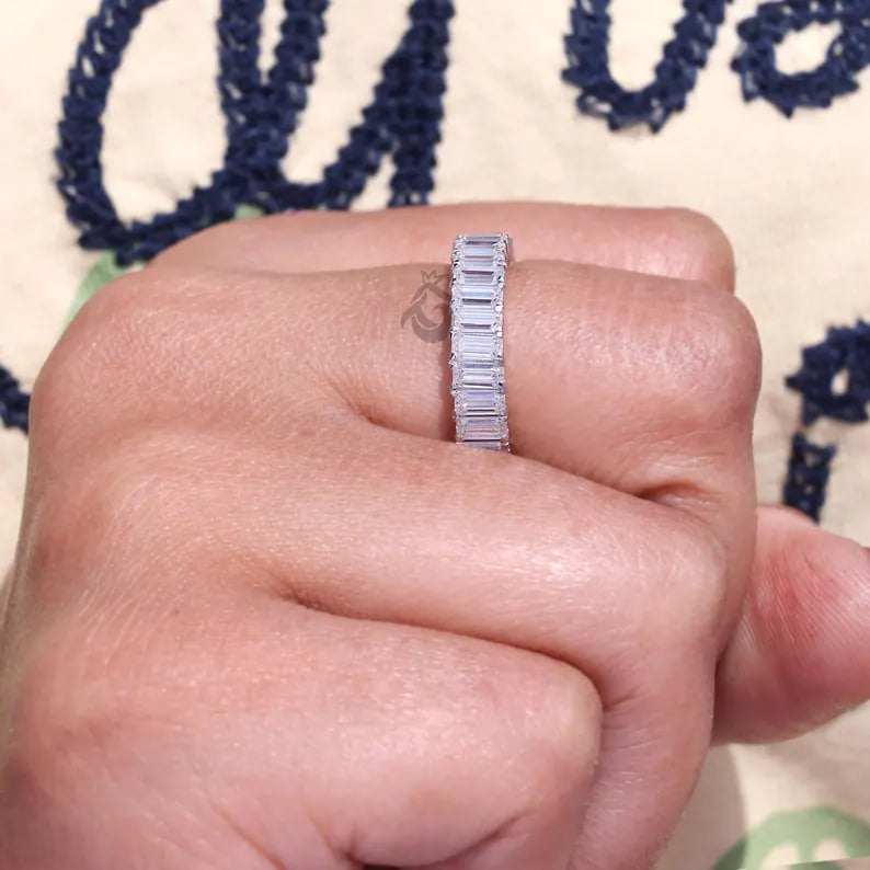 4x2 MM Emerald Cut Moissanite Full Eternity Band, 14K White Gold Stackable Wedding Ring, Anniversary Gift