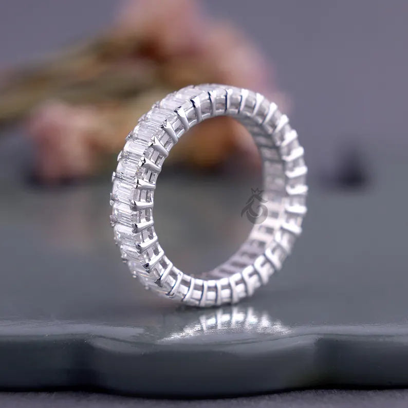 4x2 MM Emerald Cut Moissanite Full Eternity Band, 14K White Gold Stackable Wedding Ring, Anniversary Gift