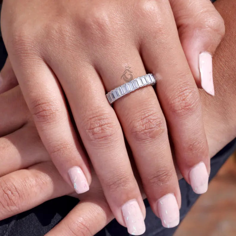 4x2 MM Emerald Cut Moissanite Full Eternity Band, 14K White Gold Stackable Wedding Ring, Anniversary Gift