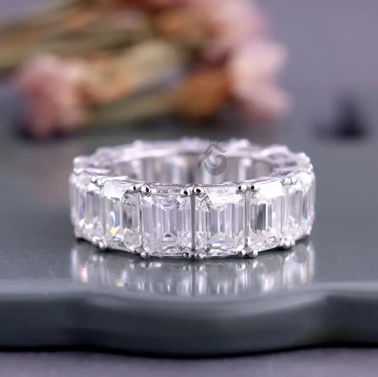 7x5 MM Emerald Cut Moissanite Eternity Band, 14K White Gold Prong Set Wedding Ring
