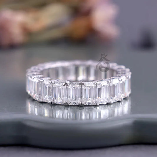 5x3 MM Emerald Cut Moissanite Eternity Band, 14K White Gold Prong Set Wedding Ring