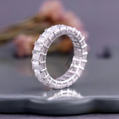 5x3 MM Emerald Cut Moissanite Eternity Band, 14K White Gold Prong Set Wedding Ring