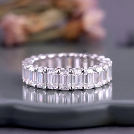 5x3 MM Emerald Cut Moissanite Full Eternity Band, U-Prong Wedding Ring, Stackable Matching Band