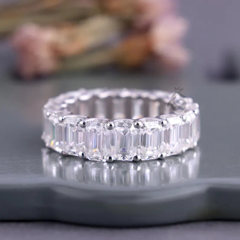 Emerald Cut Colorless Moissanite Full Eternity Band, 14K White Gold U-Prong Wedding Ring
