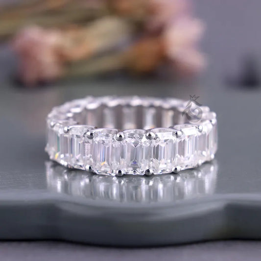 Emerald Cut Colorless Moissanite Full Eternity Band, 14K White Gold U-Prong Wedding Ring