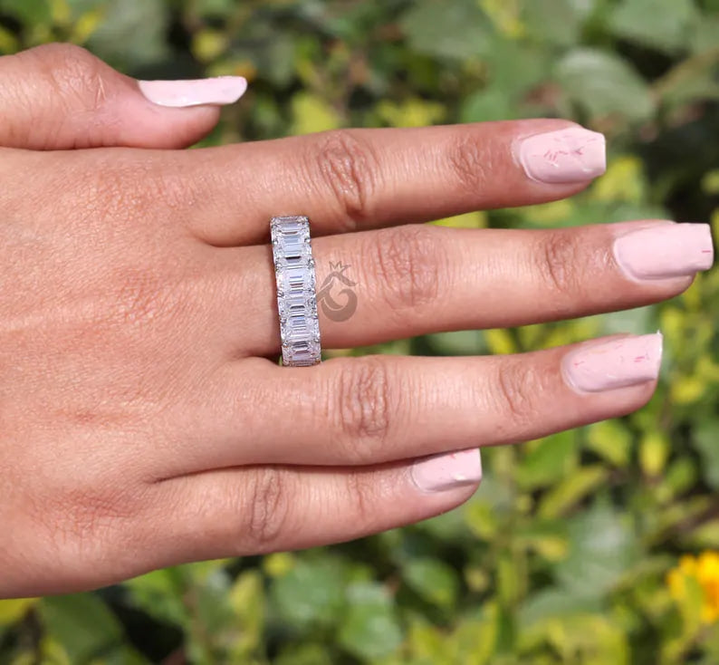 Emerald Cut Colorless Moissanite Full Eternity Band, 14K White Gold U-Prong Wedding Ring