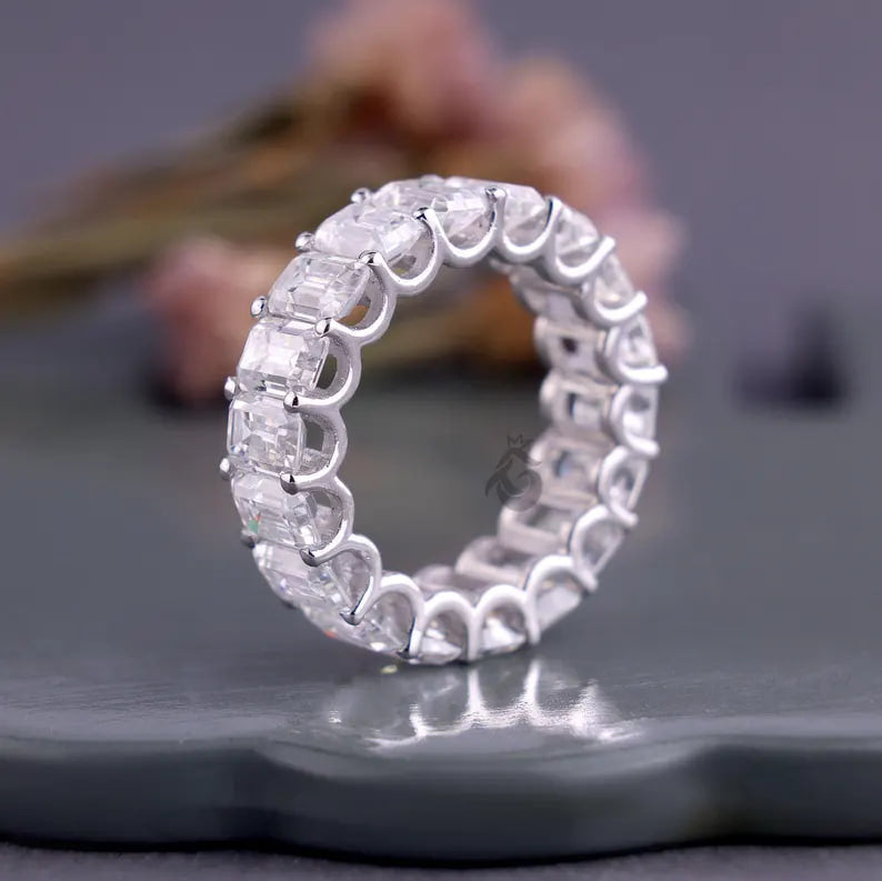 Emerald Cut Colorless Moissanite Full Eternity Band, 14K White Gold U-Prong Wedding Ring