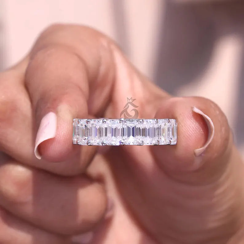 Emerald Cut Colorless Moissanite Full Eternity Band, 14K White Gold U-Prong Wedding Ring