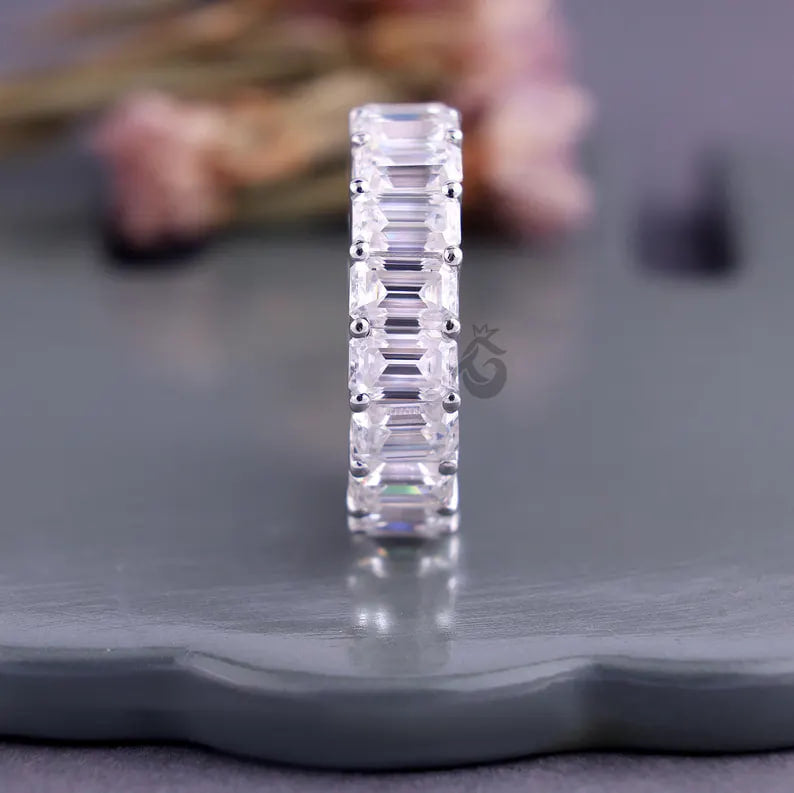 Emerald Cut Colorless Moissanite Full Eternity Band, 14K White Gold U-Prong Wedding Ring