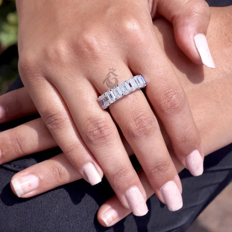 Emerald Cut Colorless Moissanite Full Eternity Band, 14K White Gold U-Prong Wedding Ring