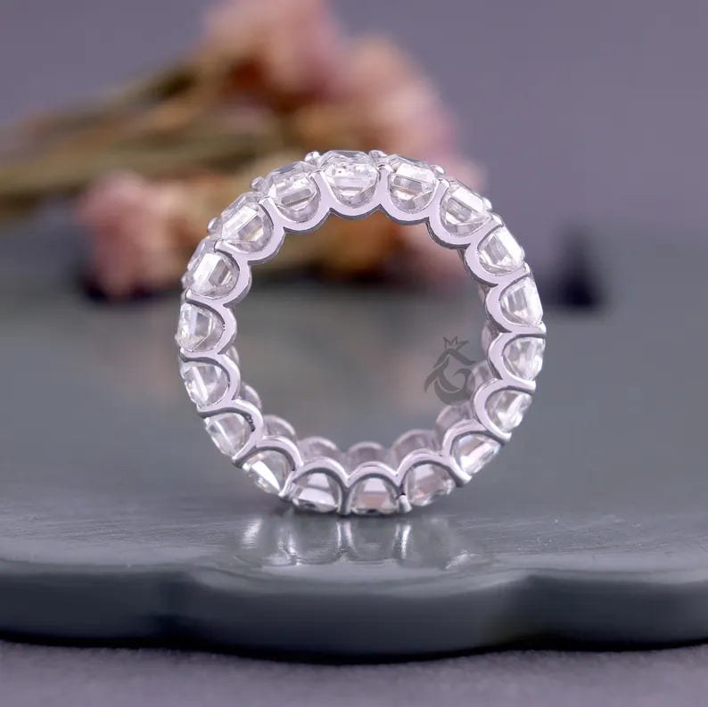 Emerald Cut Colorless Moissanite Full Eternity Band, 14K White Gold U-Prong Wedding Ring