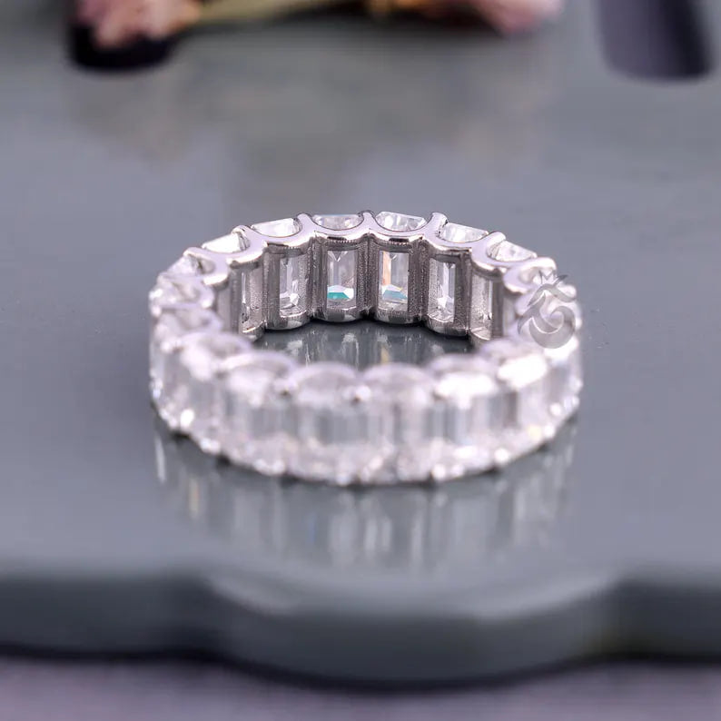 Emerald Cut Colorless Moissanite Full Eternity Band, 14K White Gold U-Prong Wedding Ring