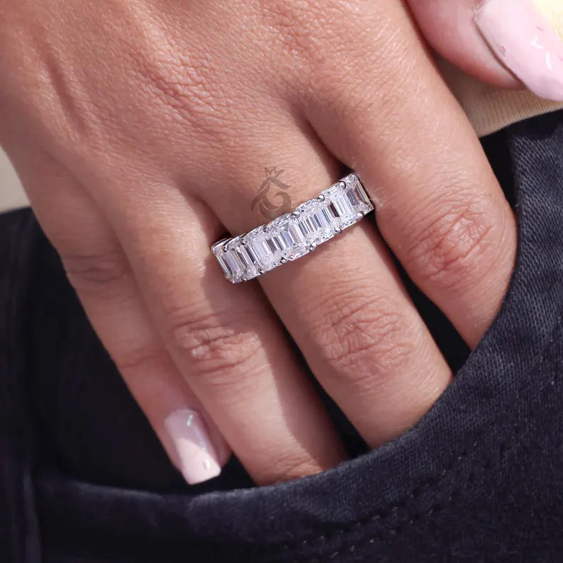 Emerald Cut Colorless Moissanite Full Eternity Band, 14K White Gold U-Prong Wedding Ring