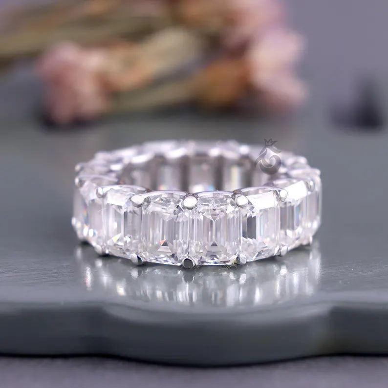 Emerald Cut Moissanite Full Eternity Band, 14K White Gold U-Prong Wedding Ring