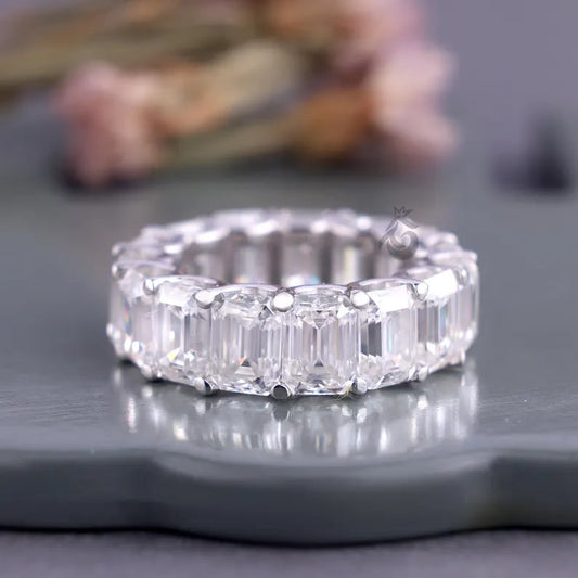 Emerald Cut Moissanite Full Eternity Band, 14K White Gold U-Prong Wedding Ring