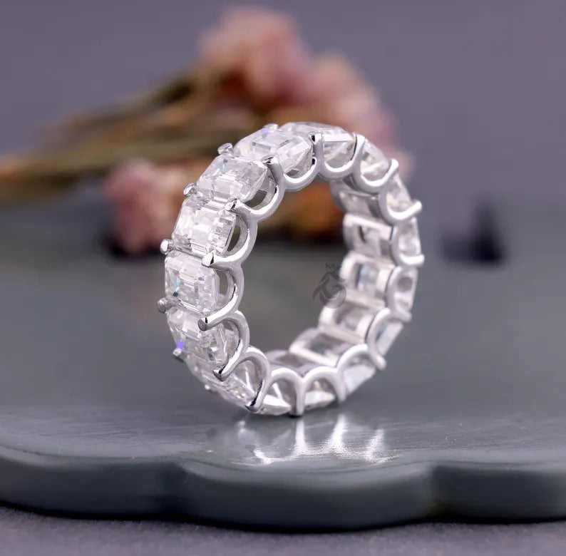 Emerald Cut Moissanite Full Eternity Band, 14K White Gold U-Prong Wedding Ring