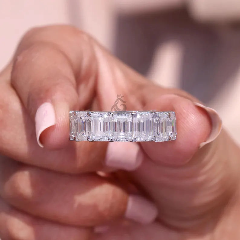 Emerald Cut Moissanite Full Eternity Band, 14K White Gold U-Prong Wedding Ring