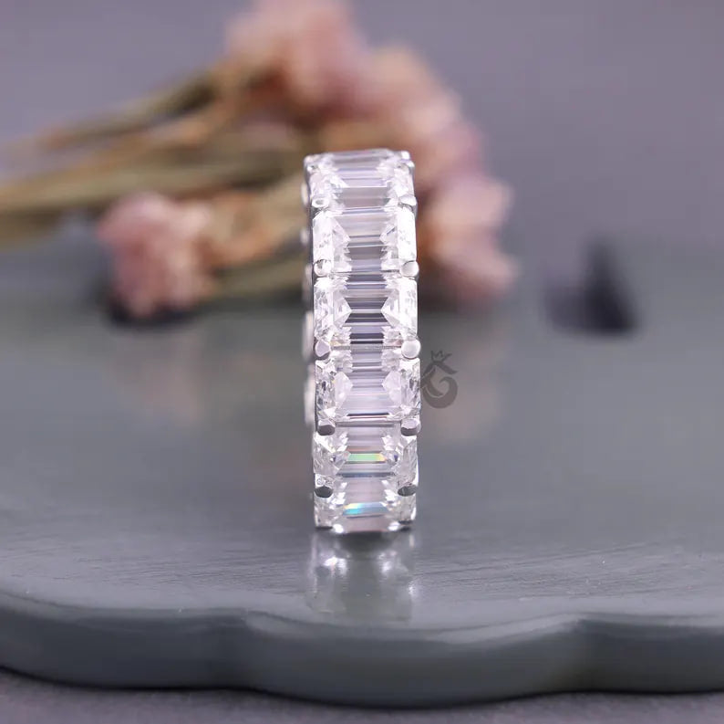Emerald Cut Moissanite Full Eternity Band, 14K White Gold U-Prong Wedding Ring