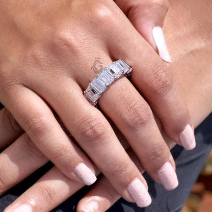 Emerald Cut Moissanite Full Eternity Band, 14K White Gold U-Prong Wedding Ring
