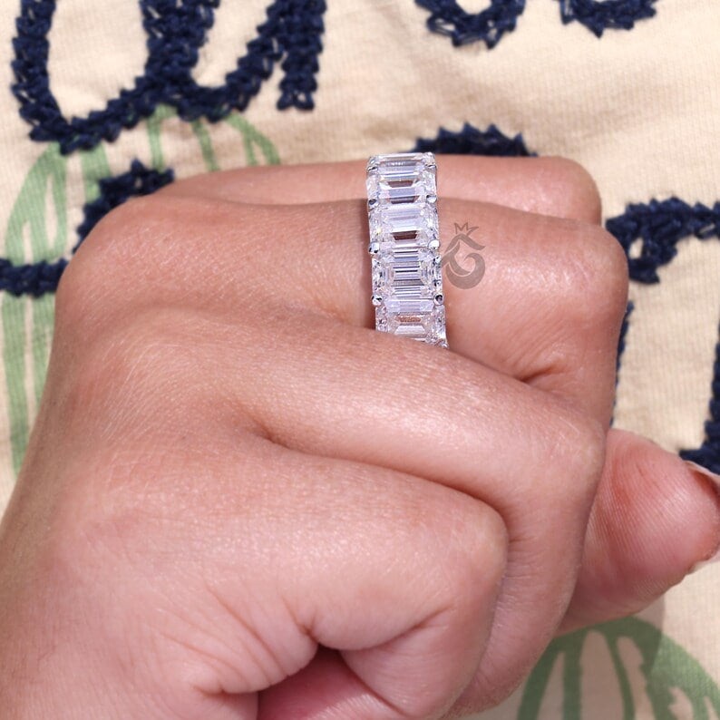 Emerald Cut Moissanite Full Eternity Band, 14K White Gold U-Prong Wedding Ring