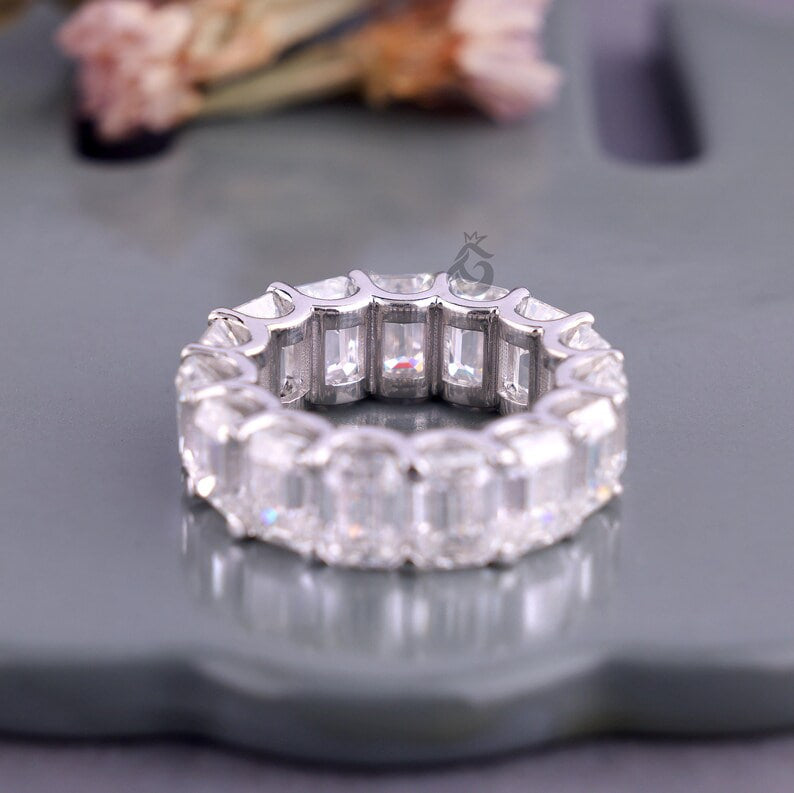 Emerald Cut Moissanite Full Eternity Band, 14K White Gold U-Prong Wedding Ring
