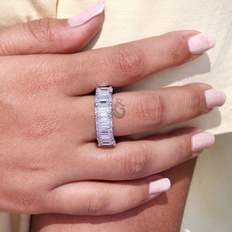 Emerald Cut Moissanite Full Eternity Band, 14K White Gold U-Prong Wedding Ring