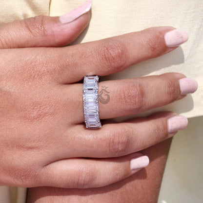 Emerald Cut Moissanite Full Eternity Band, 14K White Gold U-Prong Wedding Ring