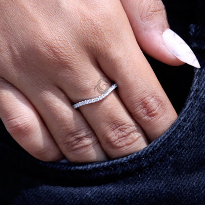 Curved Round Lab Grown Diamond Wedding Band, Half Eternity Stackable Ring for Women