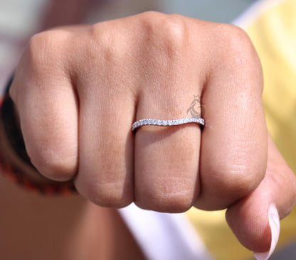 Curved Round Lab Grown Diamond Wedding Band, Half Eternity Stackable Ring for Women