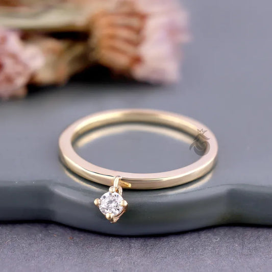14K Yellow Gold Moissanite Dangle Charm Ring, Minimalist Stacking Solitaire Ring