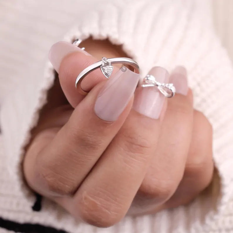 Trillion Cut Moissanite Dangle Charm Ring, Bezel Set Minimalist Engagement Ring for Her