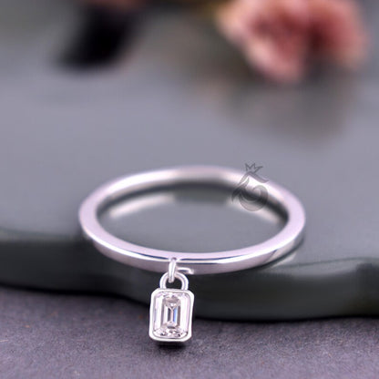 Emerald Cut Moissanite Dangle Ring, Solitaire Hanging Diamond Stacking Ring for Her