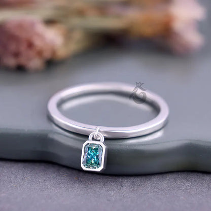 Radiant Cut Cyan Blue Moissanite Dangle Ring, Bare Set Solitaire Stackable Ring