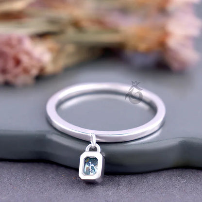 Radiant Cut Cyan Blue Moissanite Dangle Ring, Bare Set Solitaire Stackable Ring