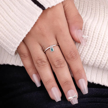Radiant Cut Cyan Blue Moissanite Dangle Ring, Bare Set Solitaire Stackable Ring