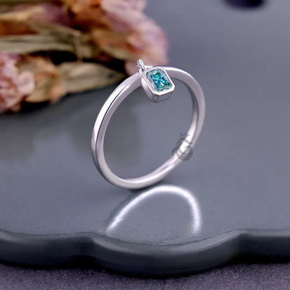 Radiant Cut Cyan Blue Moissanite Dangle Ring, Bare Set Solitaire Stackable Ring
