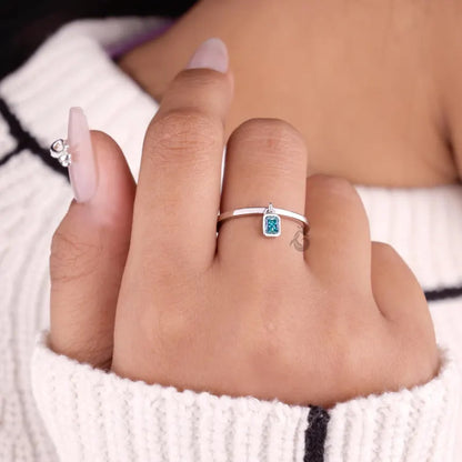 Radiant Cut Cyan Blue Moissanite Dangle Ring, Bare Set Solitaire Stackable Ring