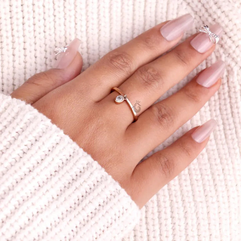 Oval Cut Moissanite Dangle Ring, 14K Rose Gold Bezel Set Stacking Ring