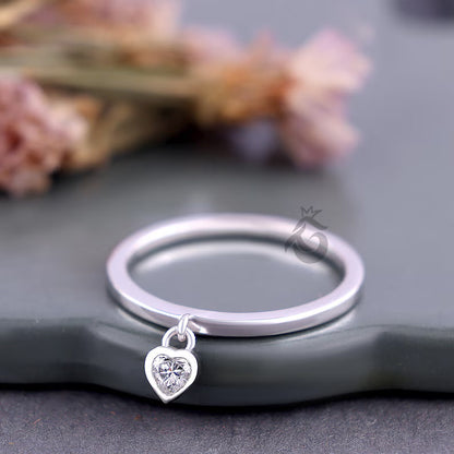 Heart Shape Moissanite Dangle Ring, Bezel Set Solitaire Stacking Diamond Ring