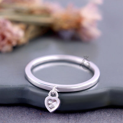 Heart Shape Moissanite Dangle Ring, Bezel Set Solitaire Stacking Diamond Ring