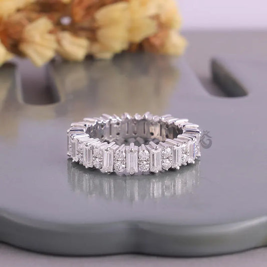 Vintage Baguette and Round Moissanite Full Eternity Cluster Band, Unique Stacking Anniversary Ring