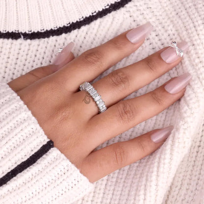 Vintage Baguette and Round Moissanite Full Eternity Cluster Band, Unique Stacking Anniversary Ring