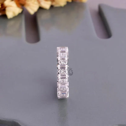 Vintage Baguette and Round Moissanite Full Eternity Cluster Band, Unique Stacking Anniversary Ring