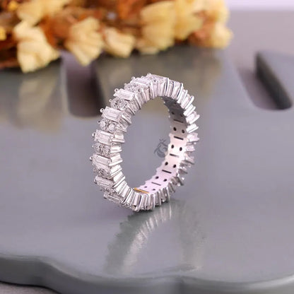 Vintage Baguette and Round Moissanite Full Eternity Cluster Band, Unique Stacking Anniversary Ring