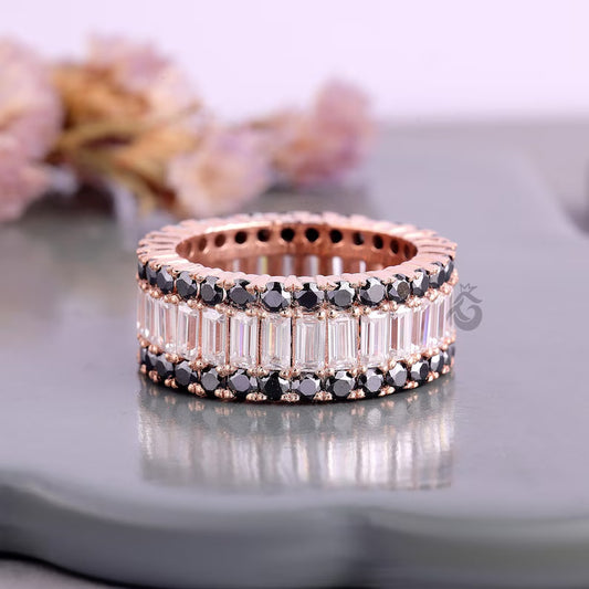 Baguette and Round Moissanite Eternity Band, Triple Row Black Diamond Wedding Band, Stackable Matching Band