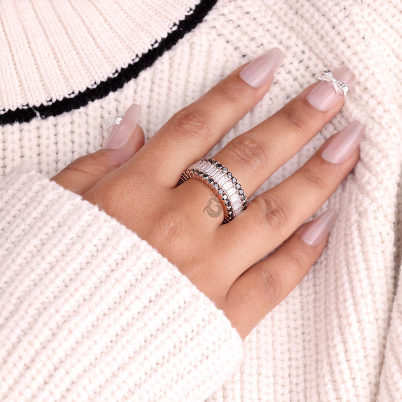 Baguette and Round Moissanite Eternity Band, Triple Row Black Diamond Wedding Band, Stackable Matching Band