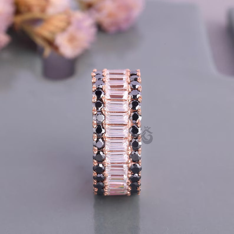 Baguette and Round Moissanite Eternity Band, Triple Row Black Diamond Wedding Band, Stackable Matching Band